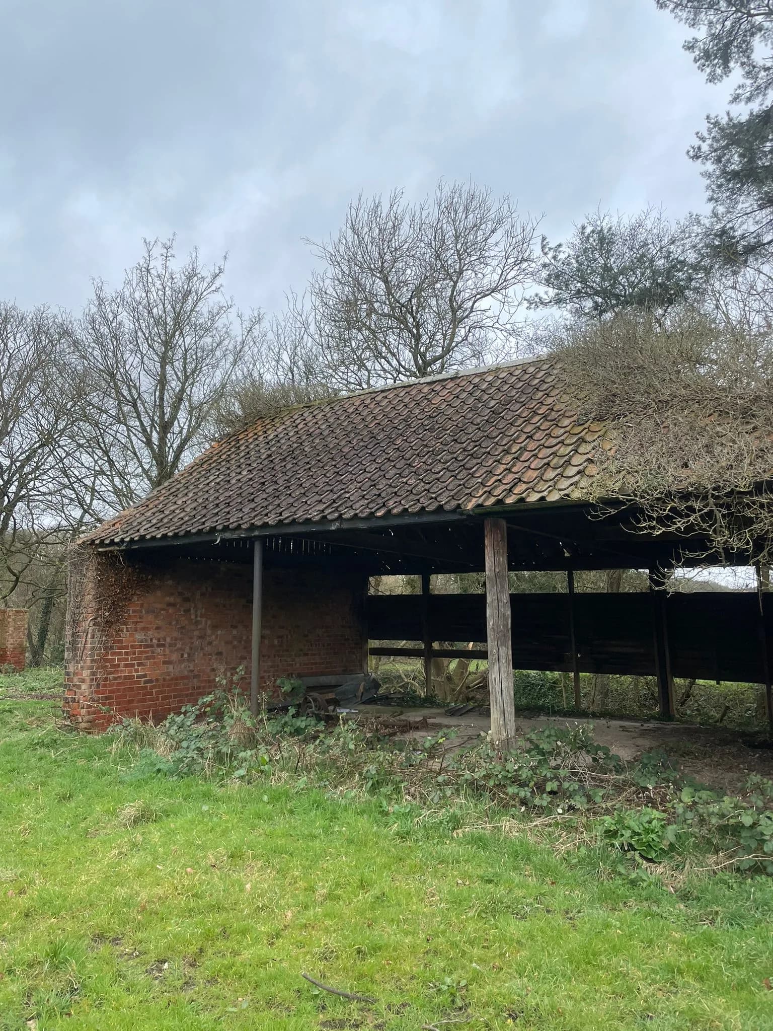Weathered clay pantile roof in poor condition on a rural brick barn before the re-roof, with lichen and moss across the coverings.