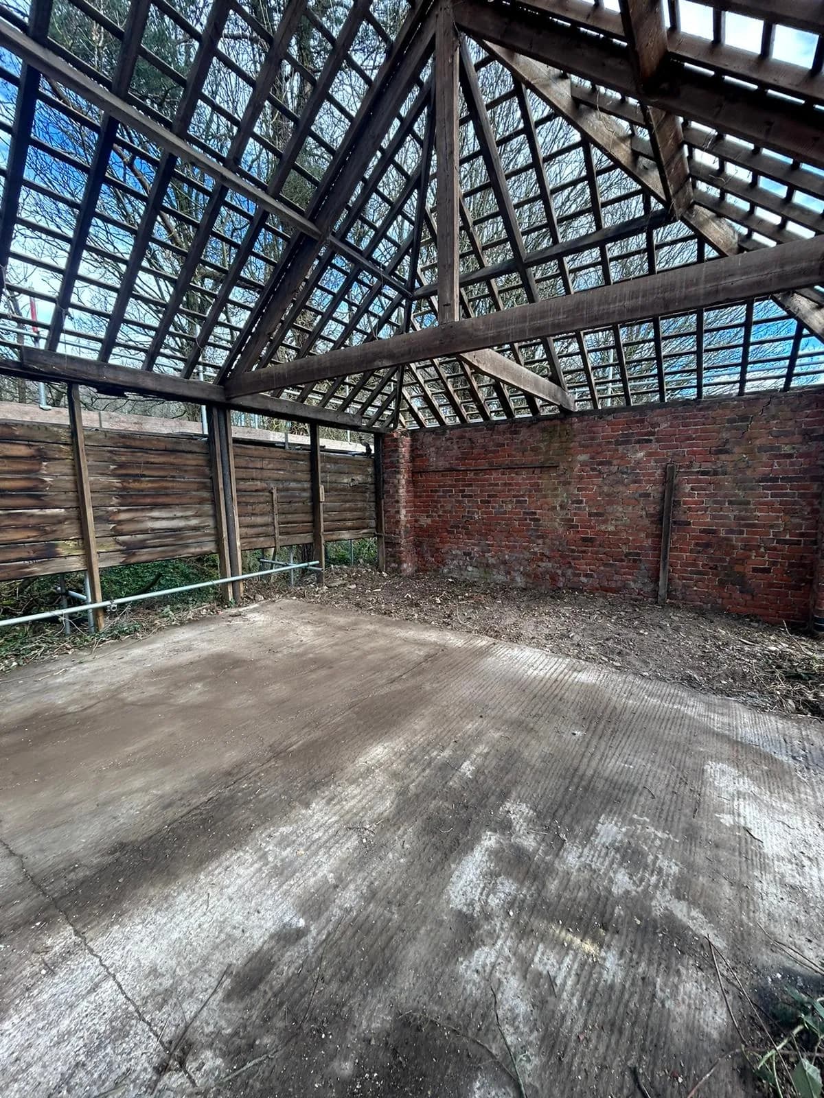 Interior of the stripped agricultural barn with the bare oak trusses and roof timbers fully exposed after the roof was taken off.