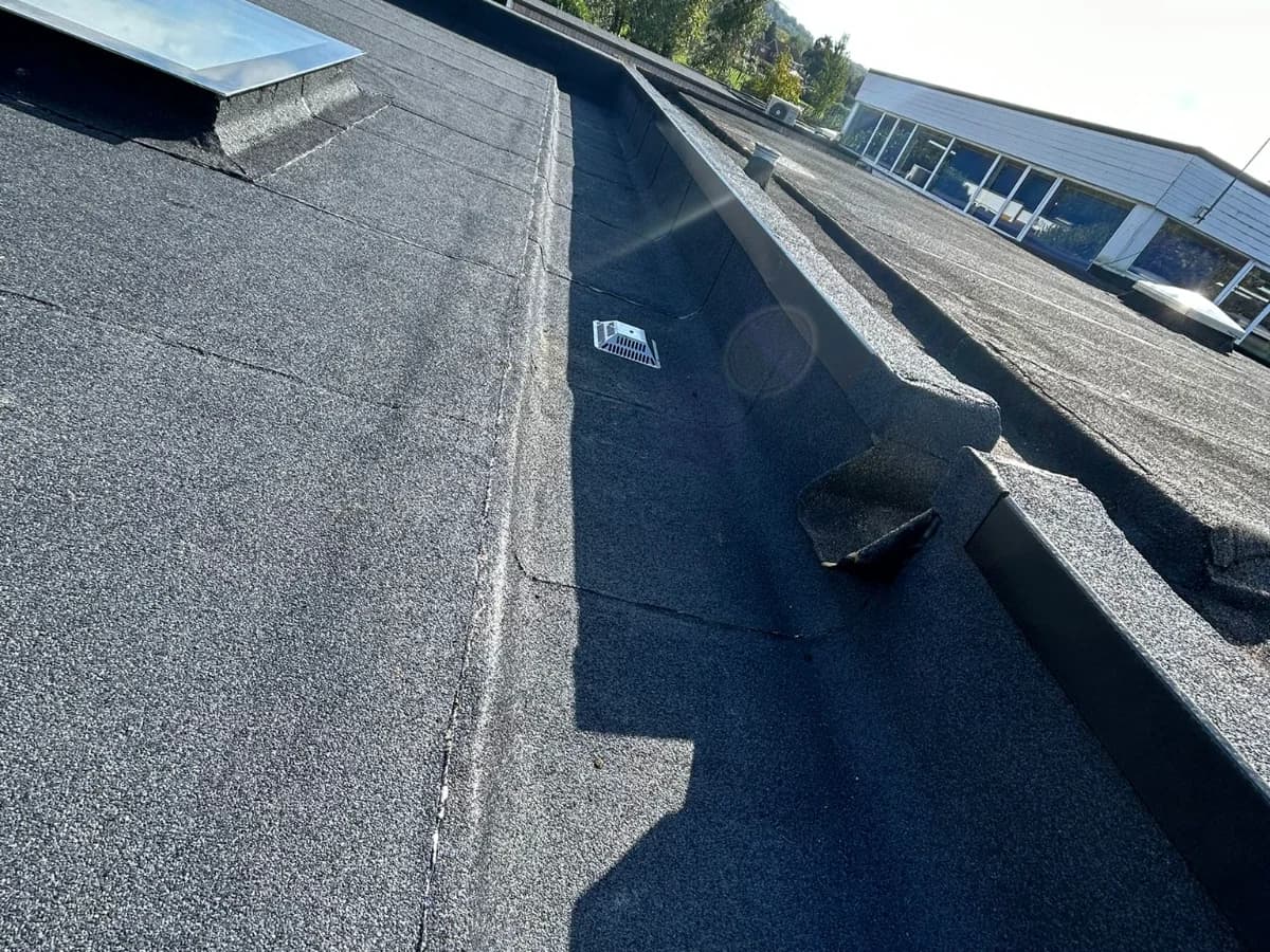 Completed flat felt roof with parapet upstand and rooflight, looking across to an adjacent commercial building — flat roofing contractor commercial industrial
