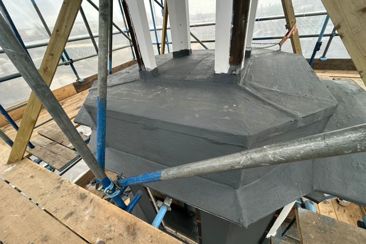 Hexagonal lead-sheet cupola roof with white-painted timber columns — O2 Institute Birmingham heritage roofing